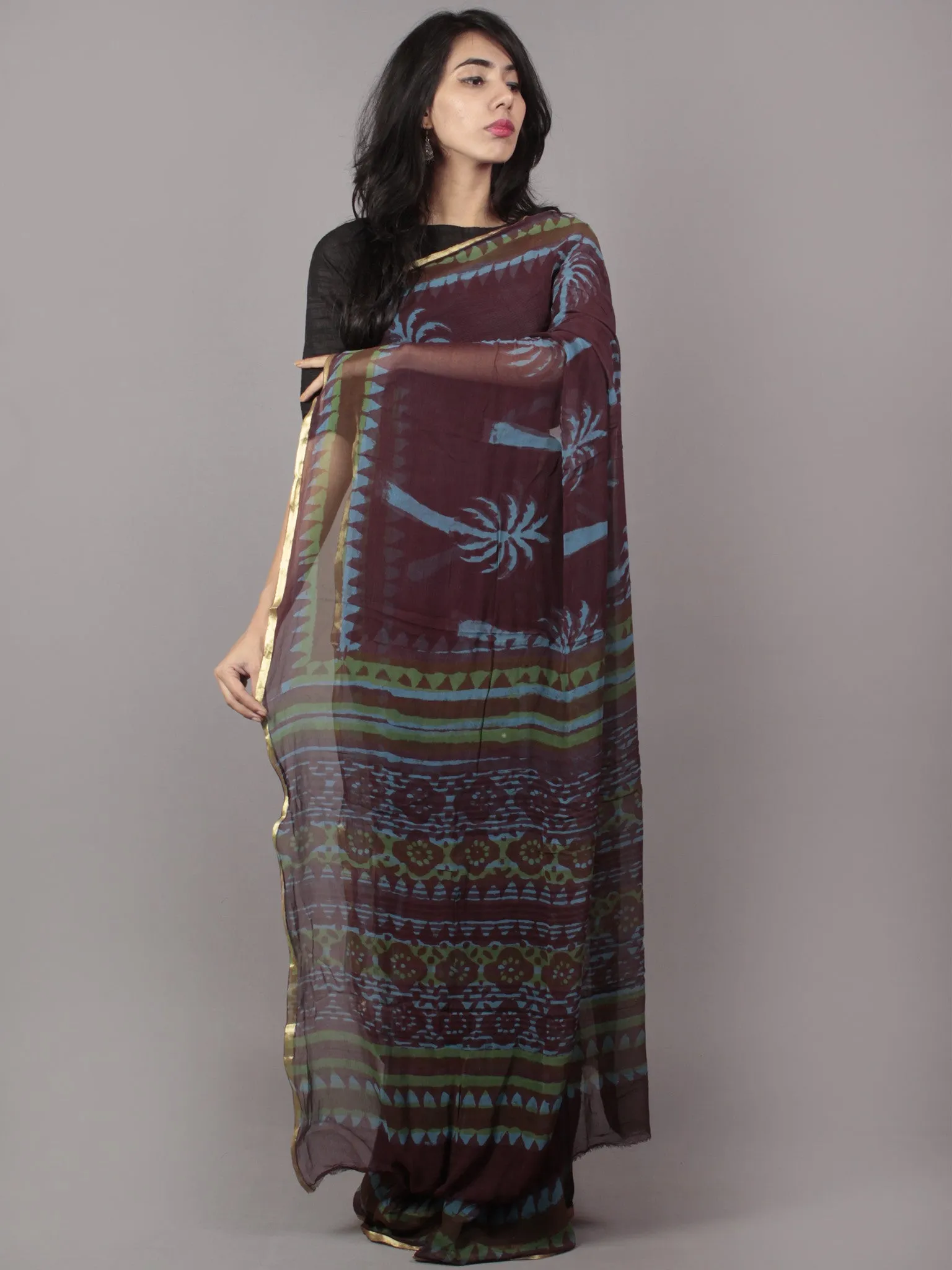 Brown Blue Hand Block Printed Chiffon Saree - S031701694