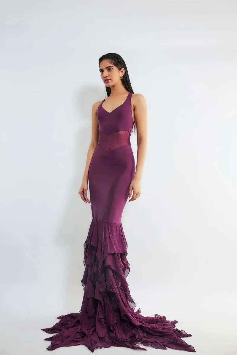 CAREN WINE RUFFLE MERMAID GOWN