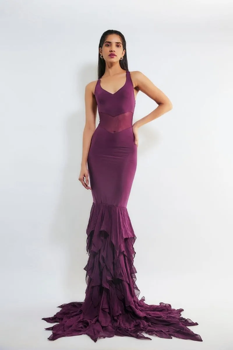 CAREN WINE RUFFLE MERMAID GOWN