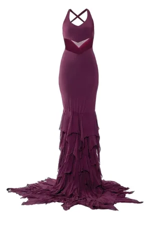 CAREN WINE RUFFLE MERMAID GOWN