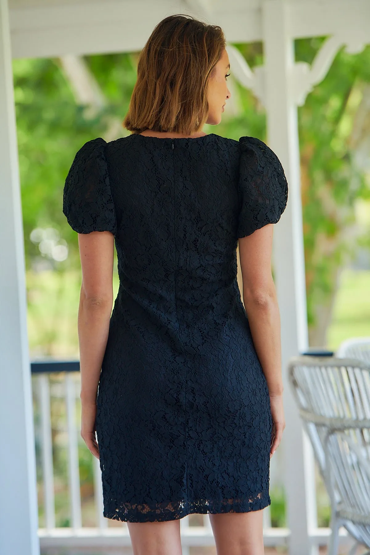 Cerro Black Lace Puff Sleeve Evening Dress