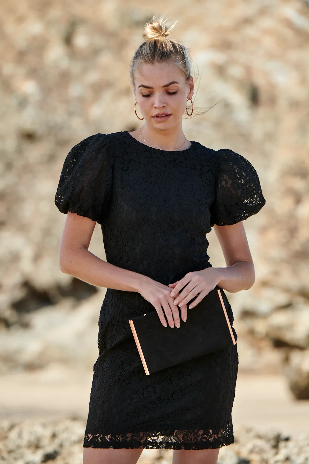 Cerro Black Lace Puff Sleeve Evening Dress