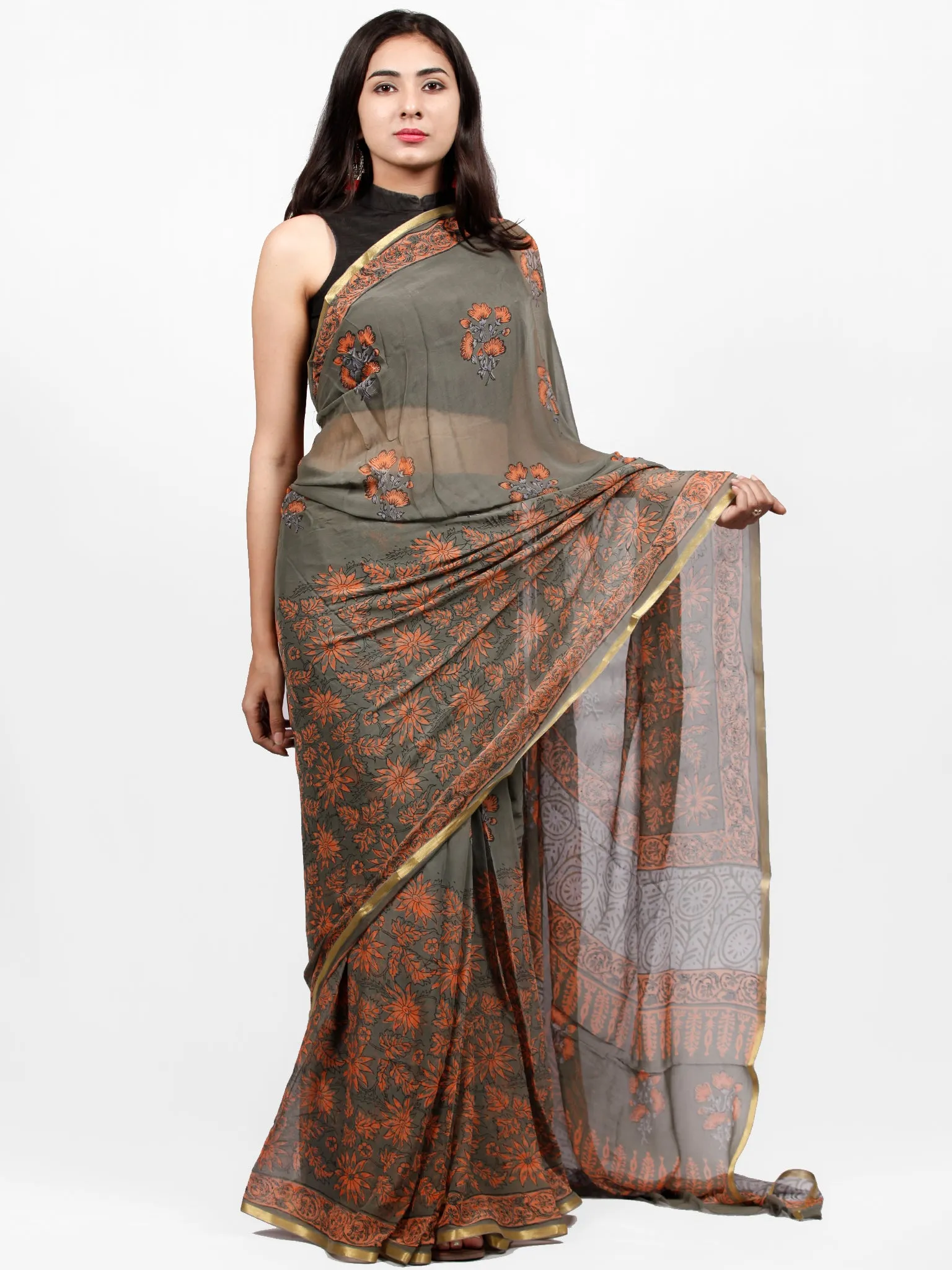 Charcoal Grey Coral Hand Block Printed Chiffon Saree with Zari Border - S031703246