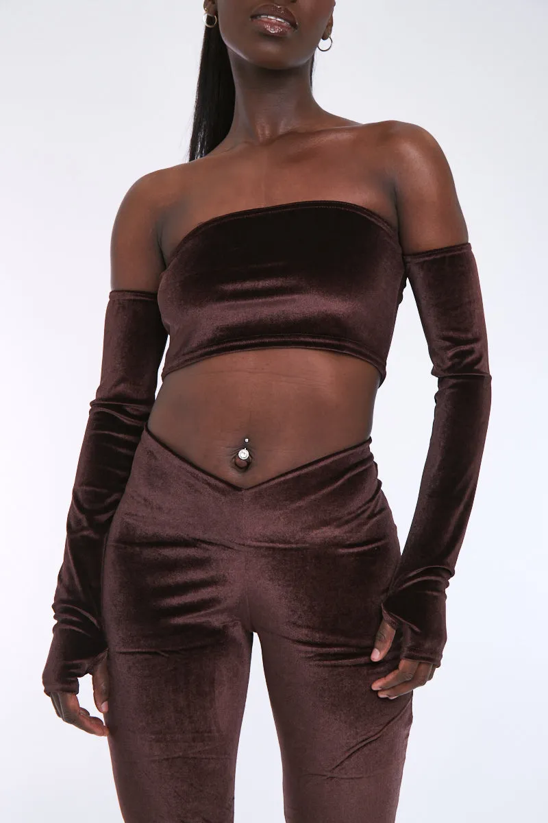 Chocolate Velvet Thumb Hole Bardot Crop Top - Josie