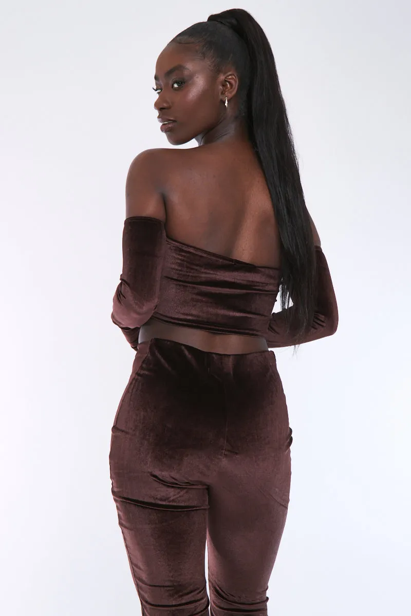 Chocolate Velvet Thumb Hole Bardot Crop Top - Josie