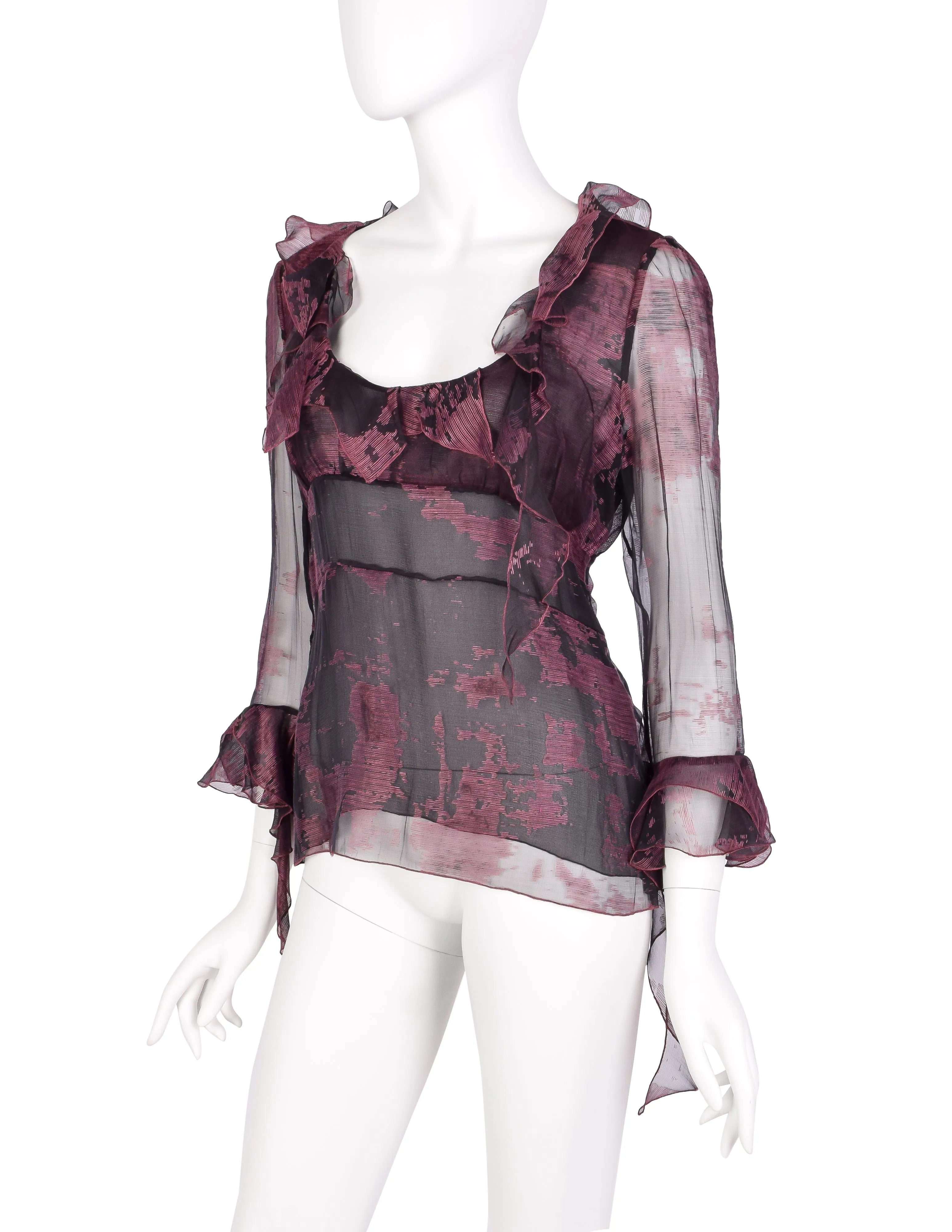 Christian Lacroix Vintage Black and Mauve Floral Sheer Silk Chiffon Ruffle Top