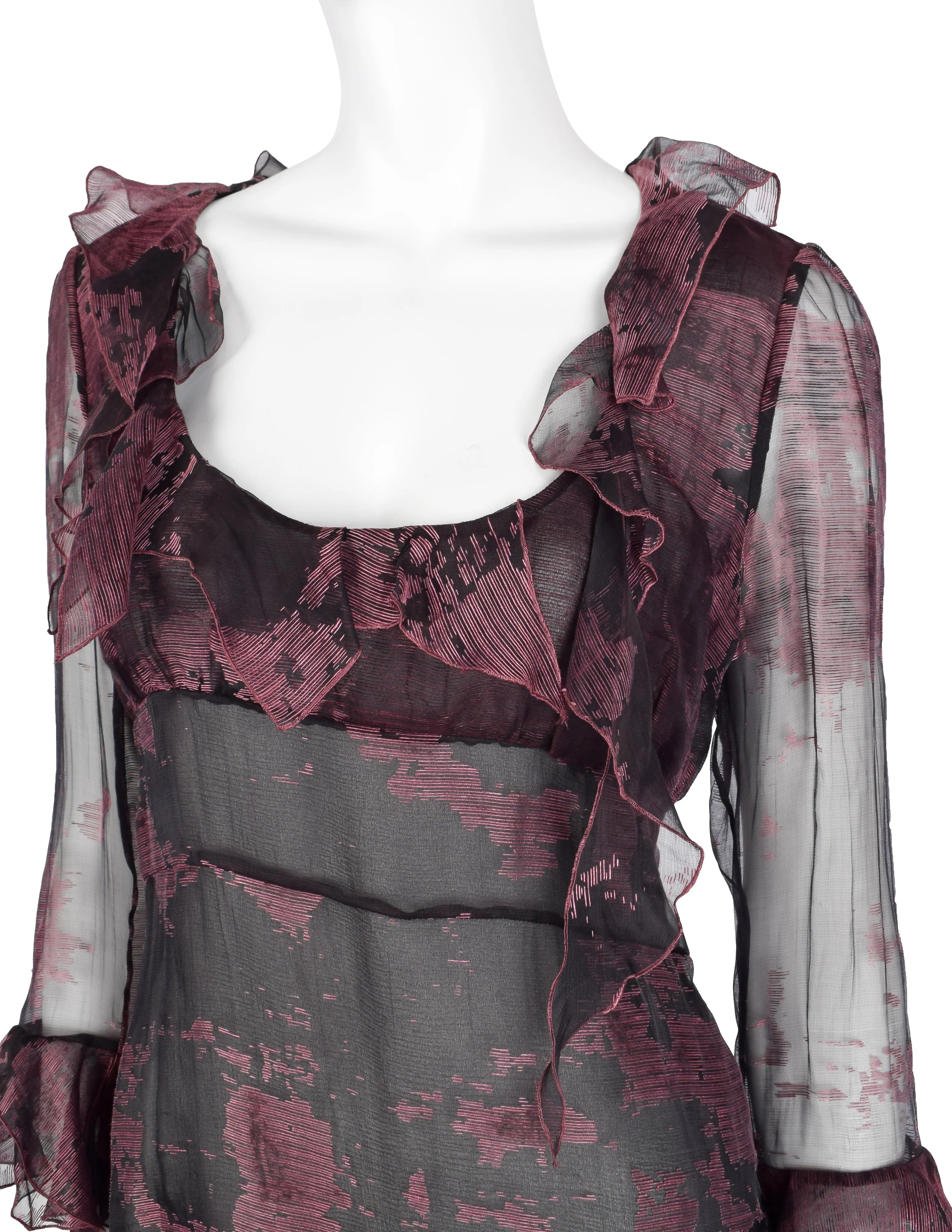 Christian Lacroix Vintage Black and Mauve Floral Sheer Silk Chiffon Ruffle Top