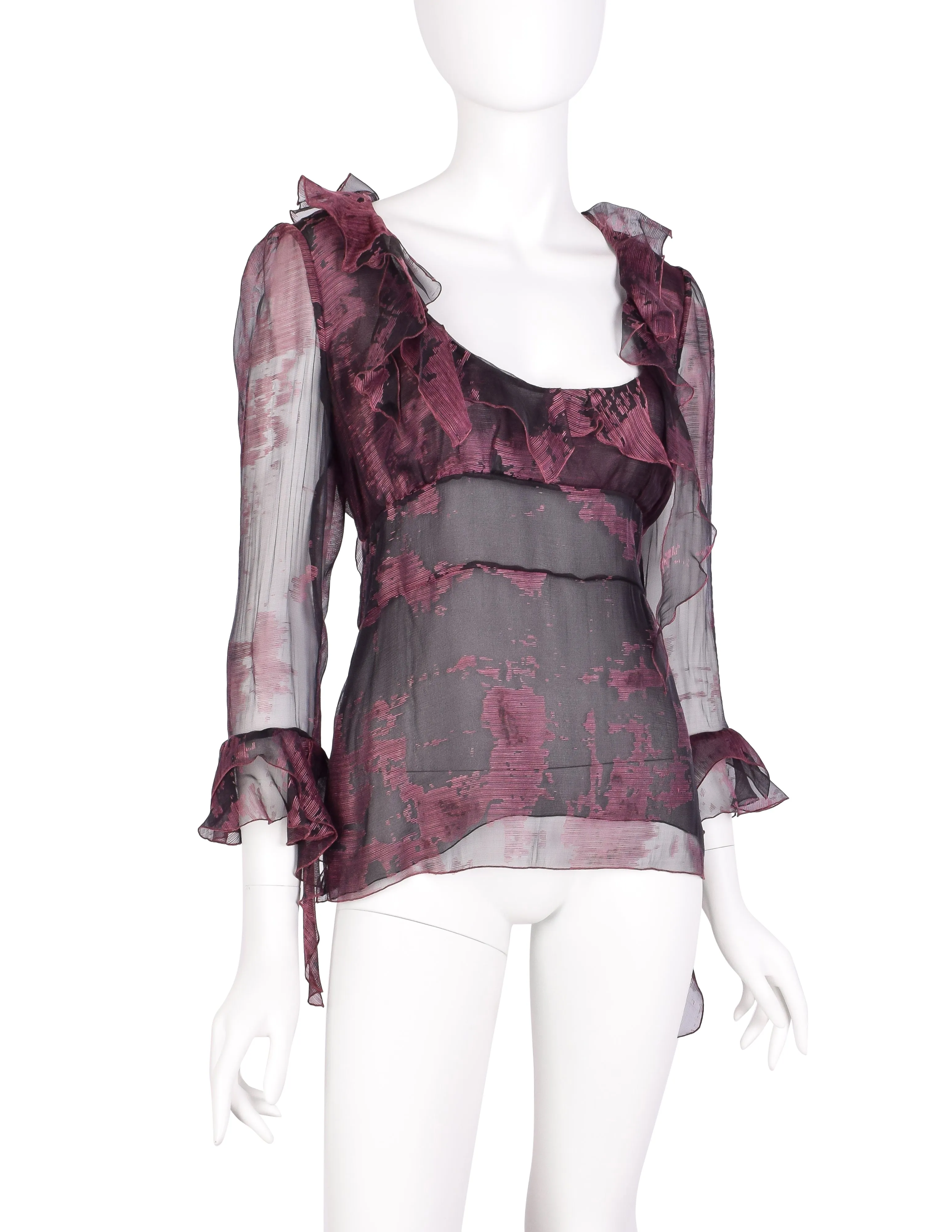 Christian Lacroix Vintage Black and Mauve Floral Sheer Silk Chiffon Ruffle Top