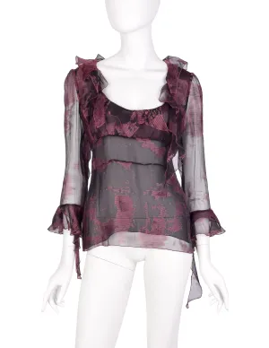 Christian Lacroix Vintage Black and Mauve Floral Sheer Silk Chiffon Ruffle Top