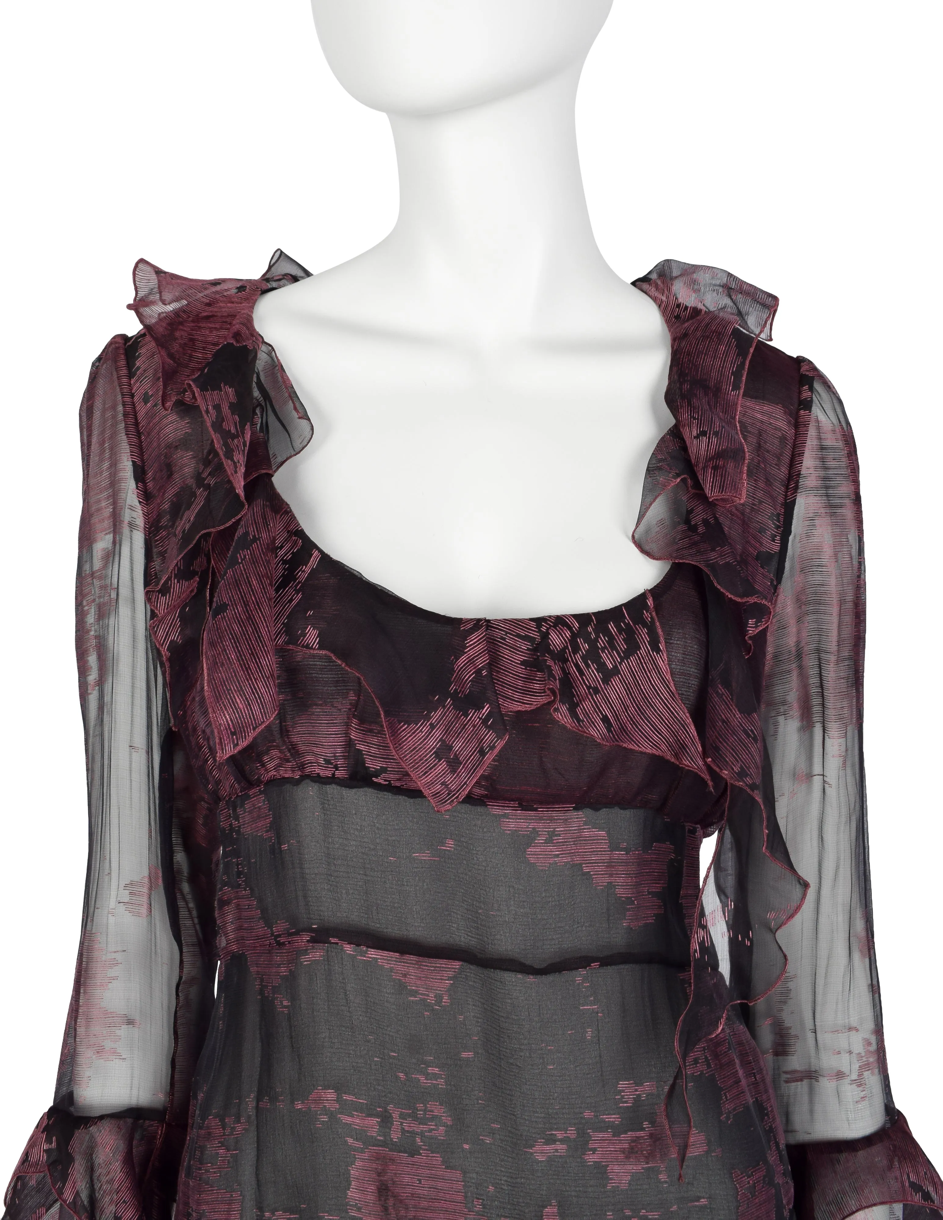 Christian Lacroix Vintage Black and Mauve Floral Sheer Silk Chiffon Ruffle Top