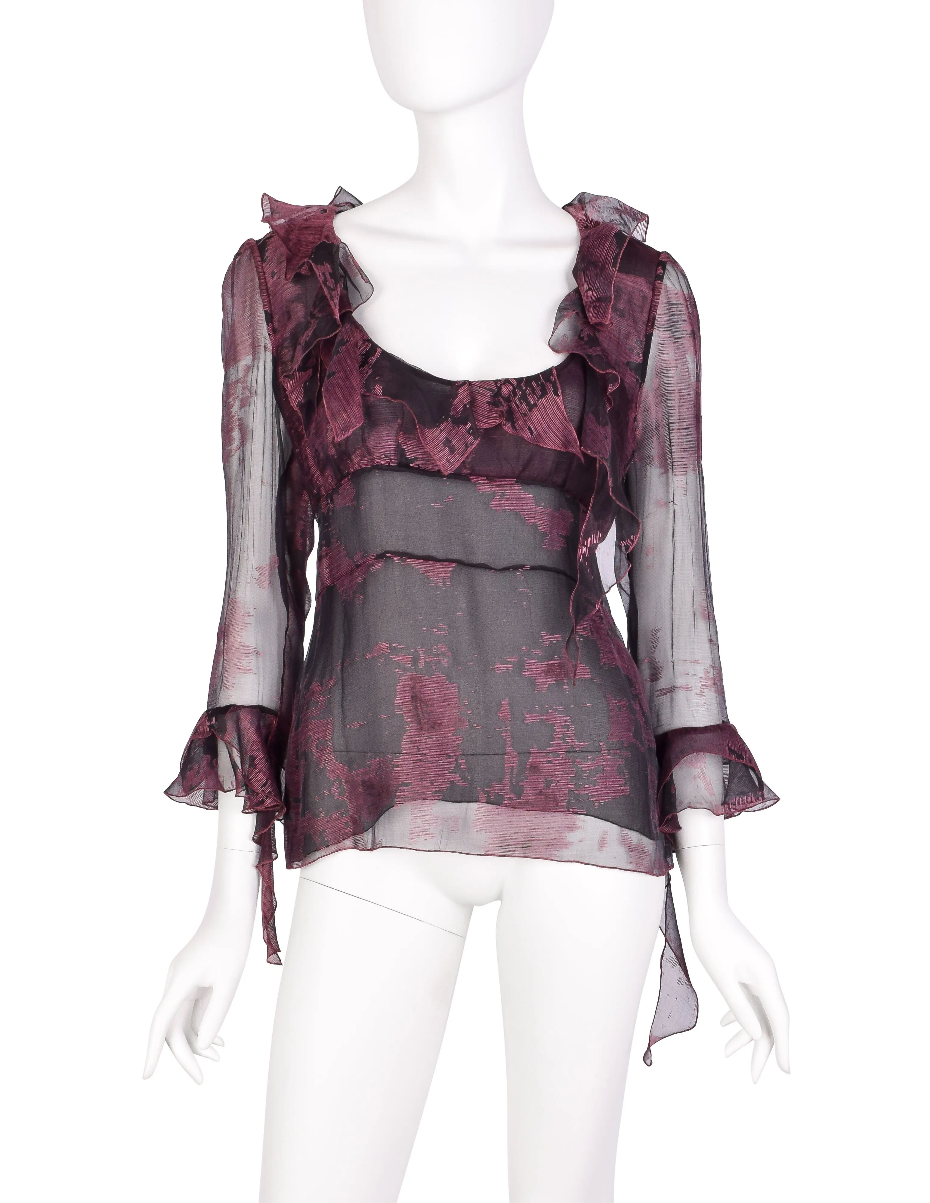 Christian Lacroix Vintage Black and Mauve Floral Sheer Silk Chiffon Ruffle Top