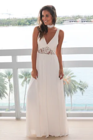 Cream V-Neck Maxi Dress with Lace