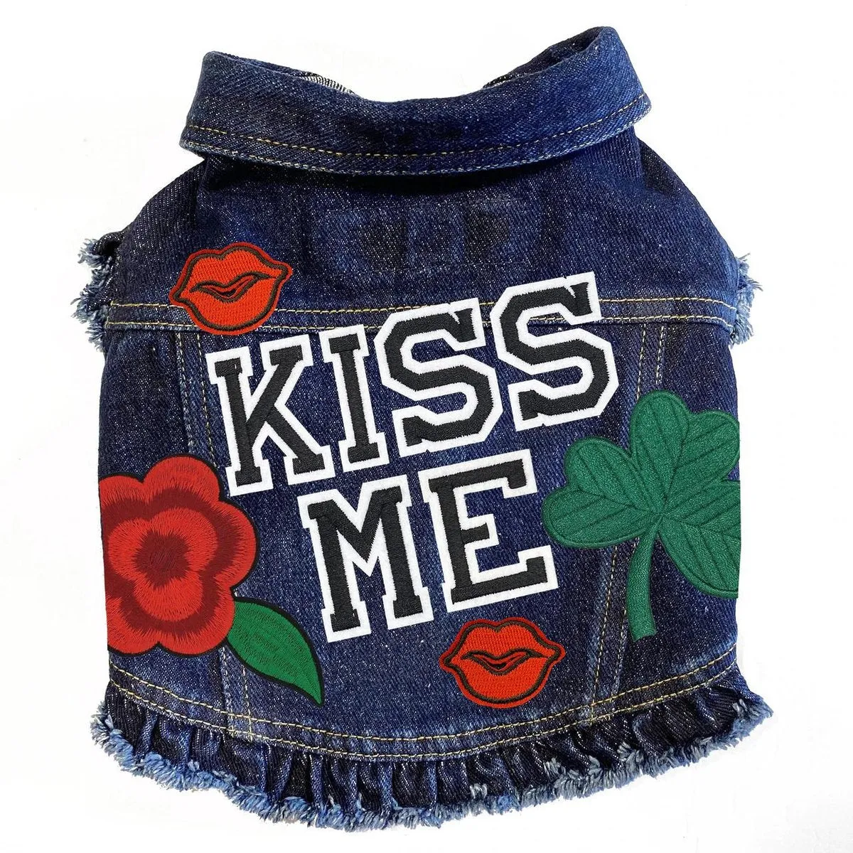 Custom Kiss Me Denim Dog Jacket With Ruffles