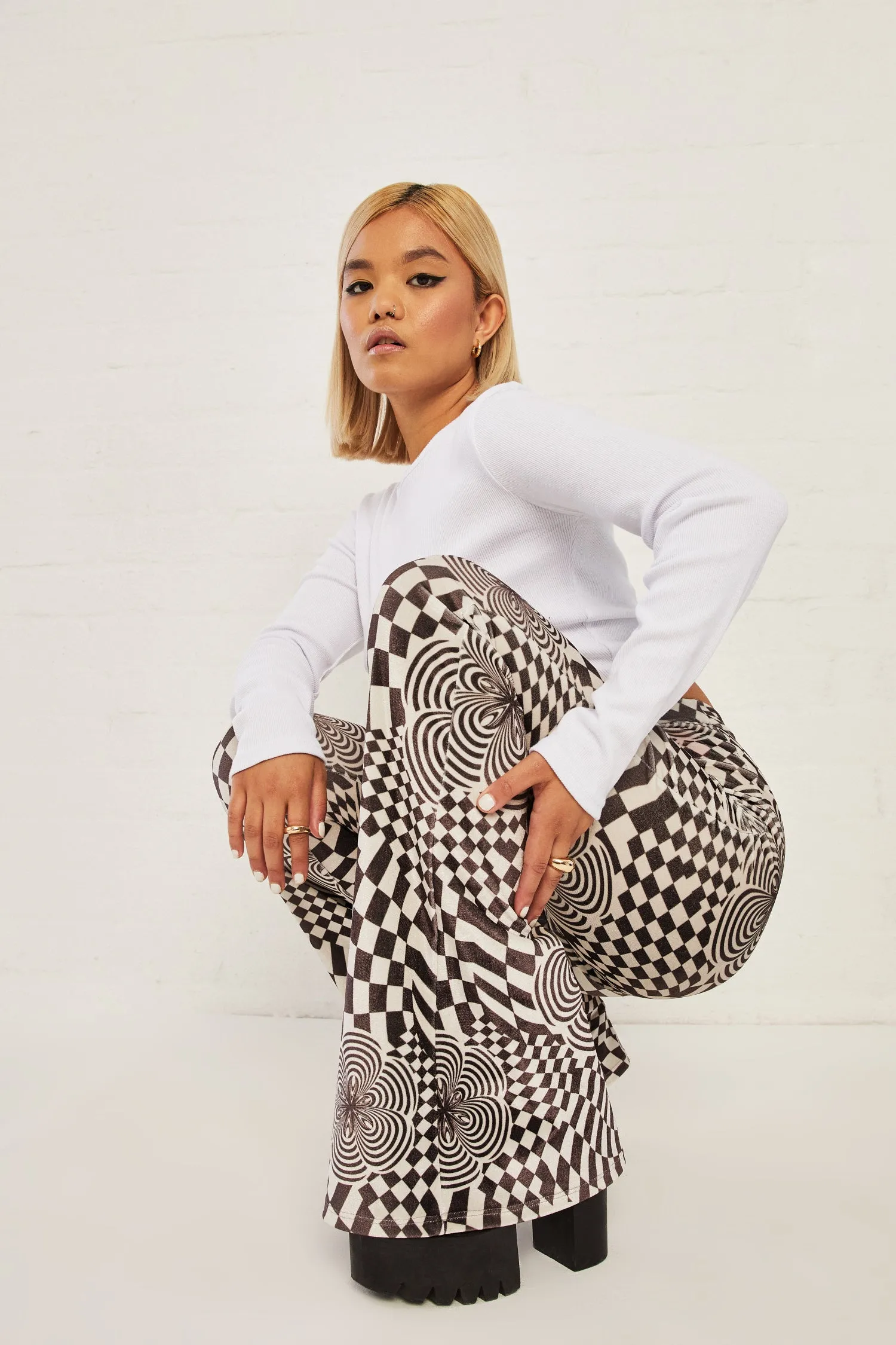 Daisy Street High Waisted Flared Trousers In Velvet Print