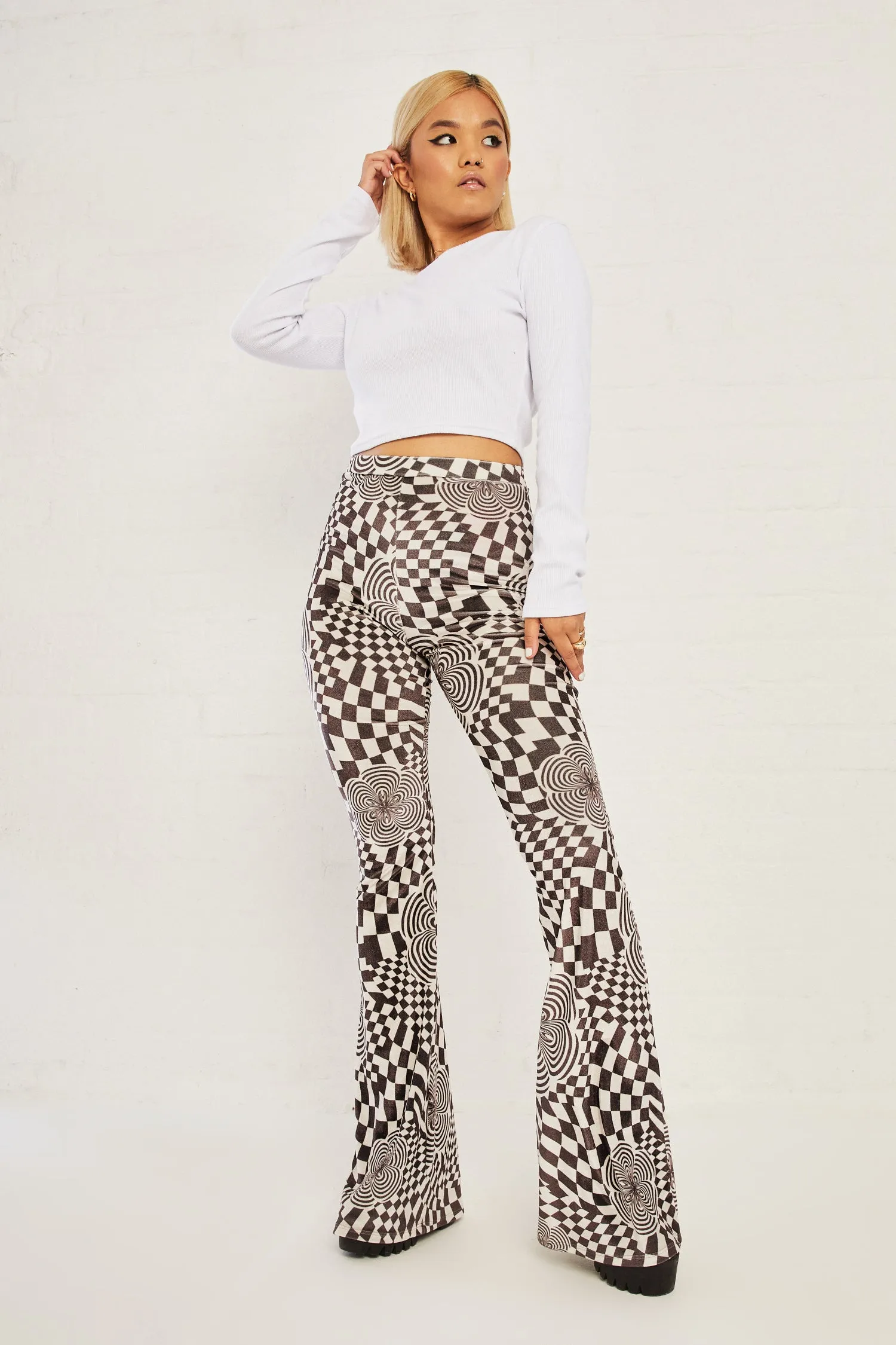 Daisy Street High Waisted Flared Trousers In Velvet Print