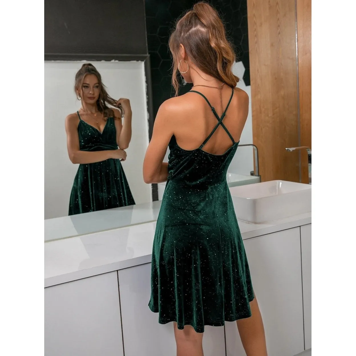 DandM Ruched Crisscross Rhinestone Detail Velvet Cami Dress