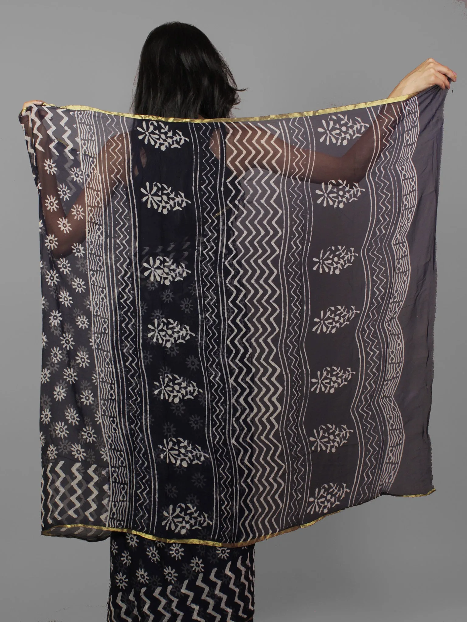 Deep Indigo Ivory Hand Block Printed Chiffon Saree - S031702090