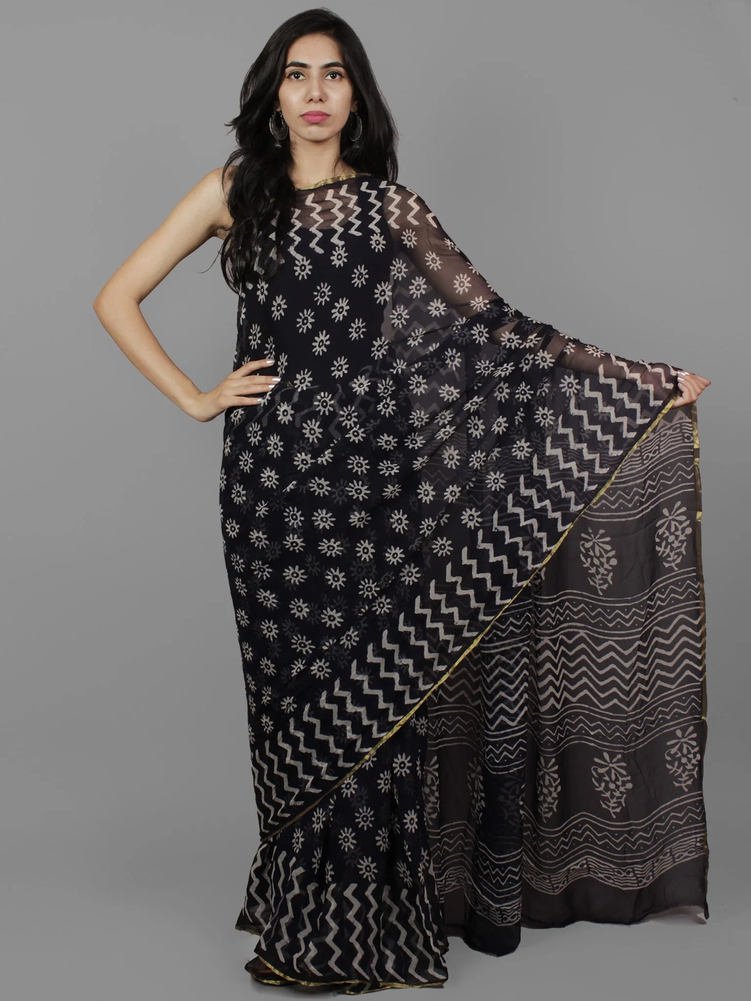 Deep Indigo Ivory Hand Block Printed Chiffon Saree - S031702090