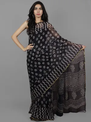 Deep Indigo Ivory Hand Block Printed Chiffon Saree - S031702090