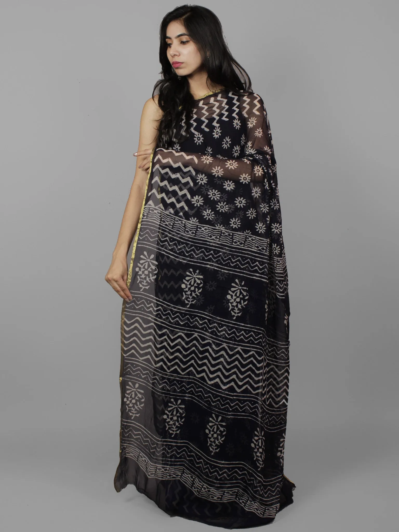 Deep Indigo Ivory Hand Block Printed Chiffon Saree - S031702090