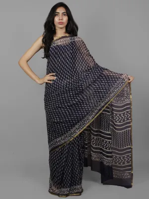 Deep Indigo Ivory Hand Block Printed Chiffon Saree - S031702091