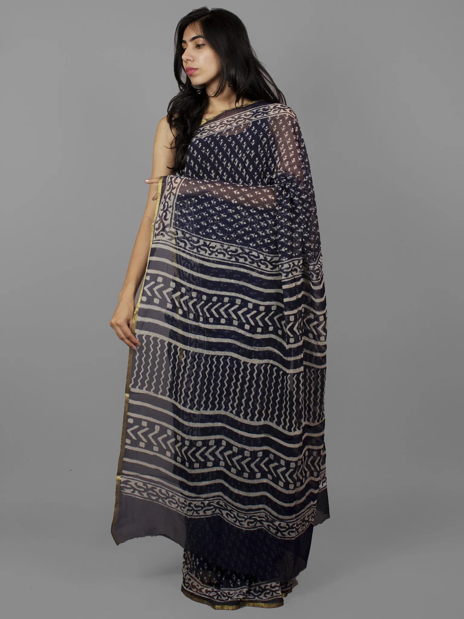 Deep Indigo Ivory Hand Block Printed Chiffon Saree - S031702091