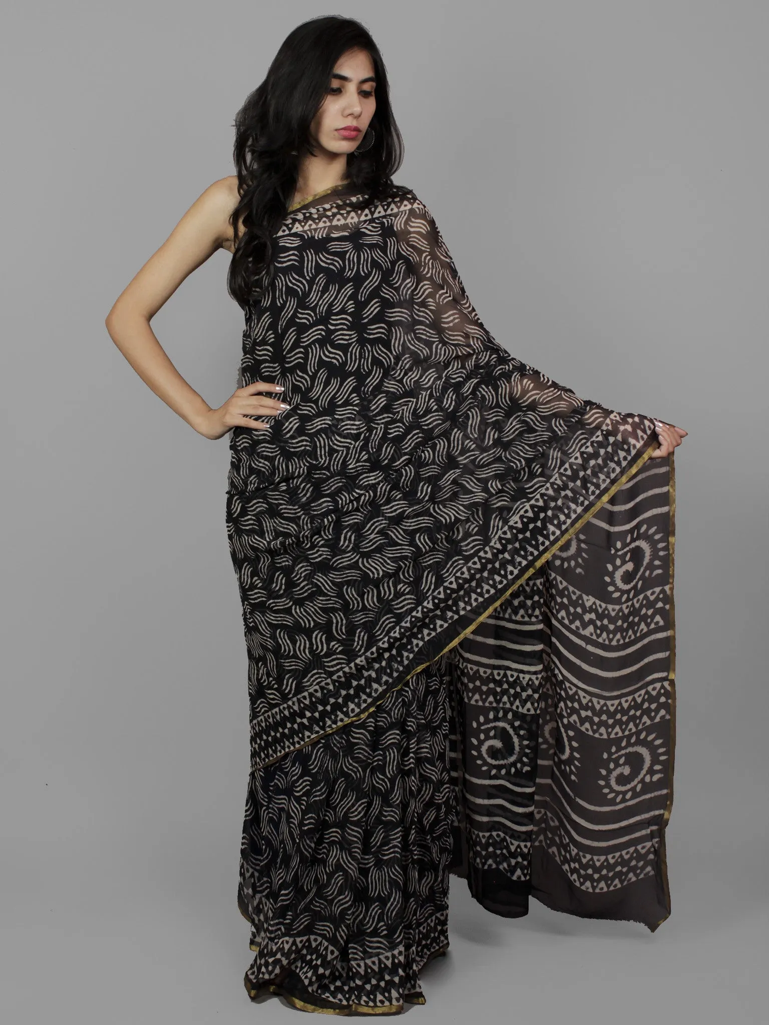 Deep Indigo Ivory Hand Block Printed Chiffon Saree - S031702093