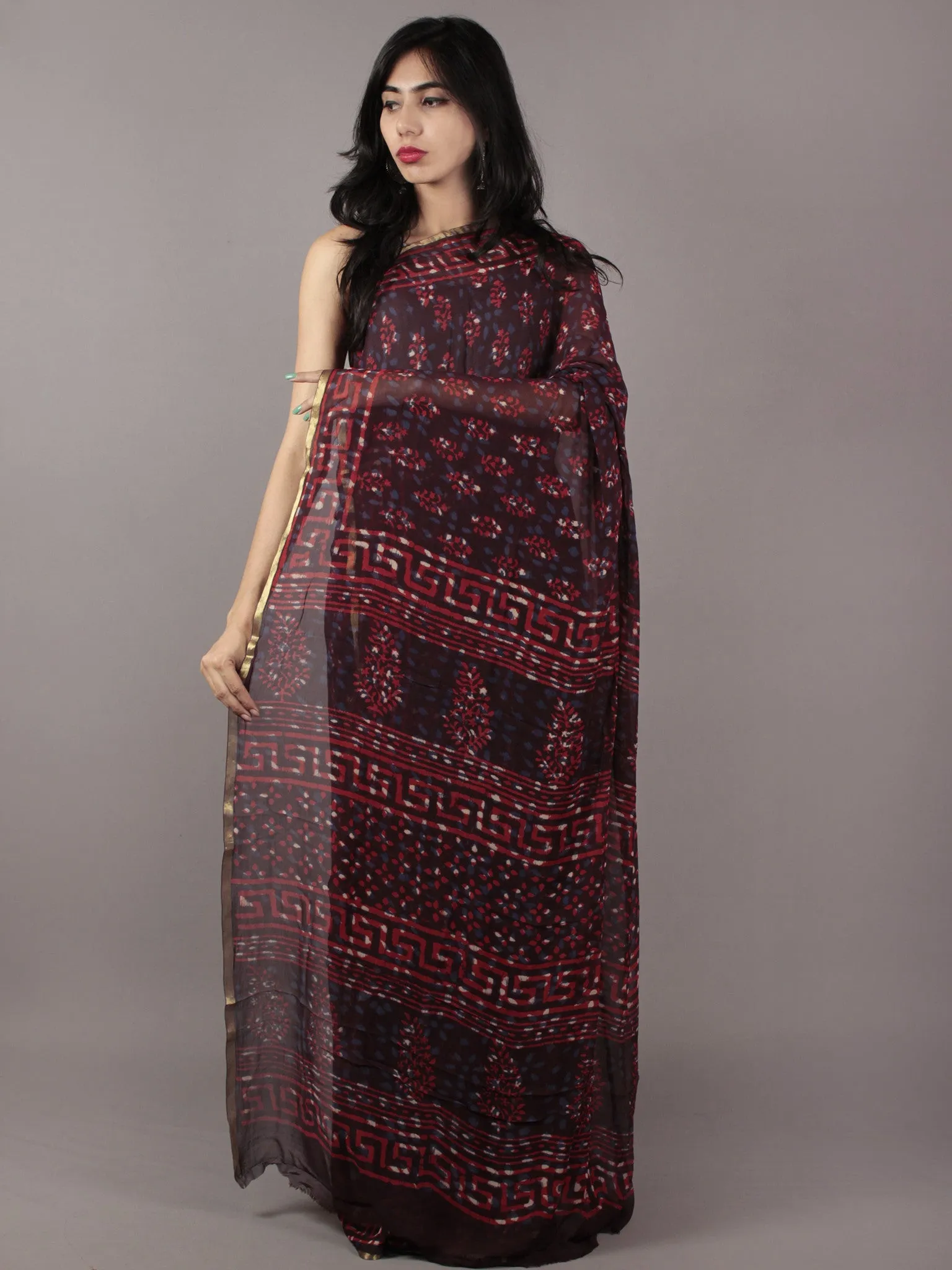 Deep Indigo Red Hand Block Printed Chiffon Saree - S031701867