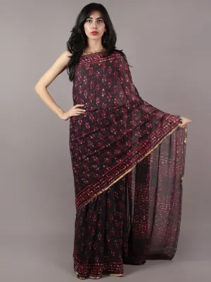 Deep Indigo Red Hand Block Printed Chiffon Saree - S031701867