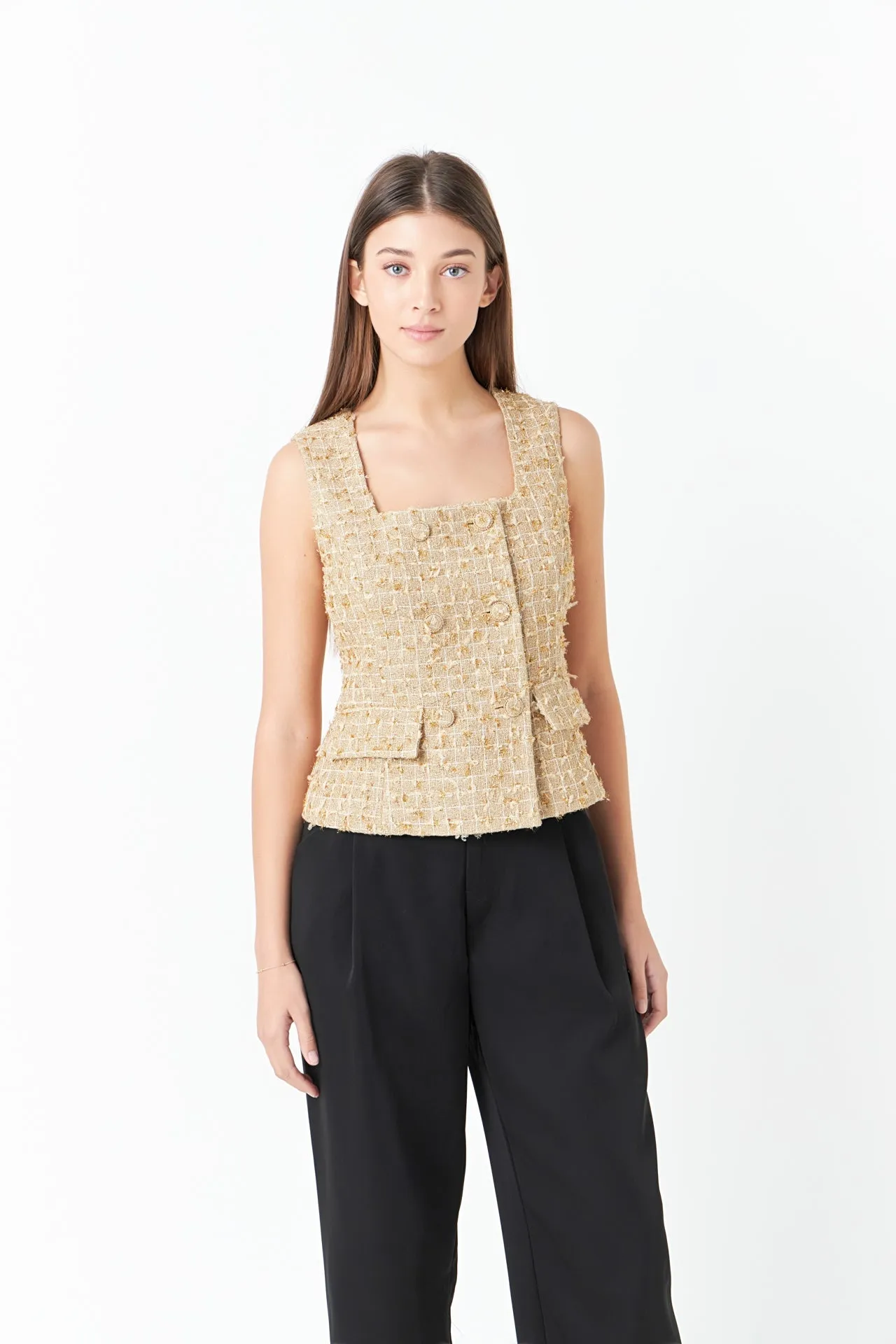 Endless Rose - Gold Tweed Double Button Top