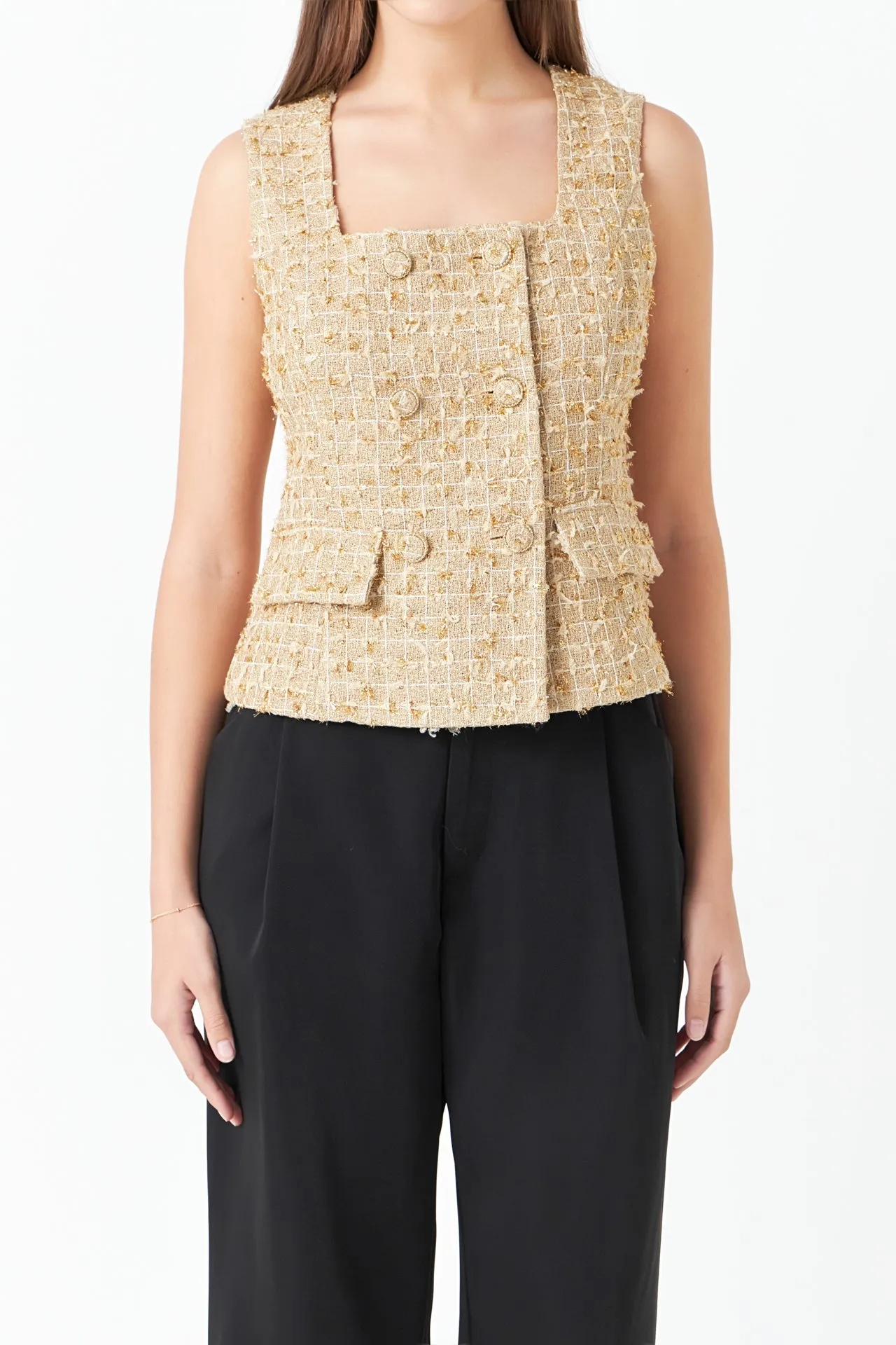 Endless Rose - Gold Tweed Double Button Top