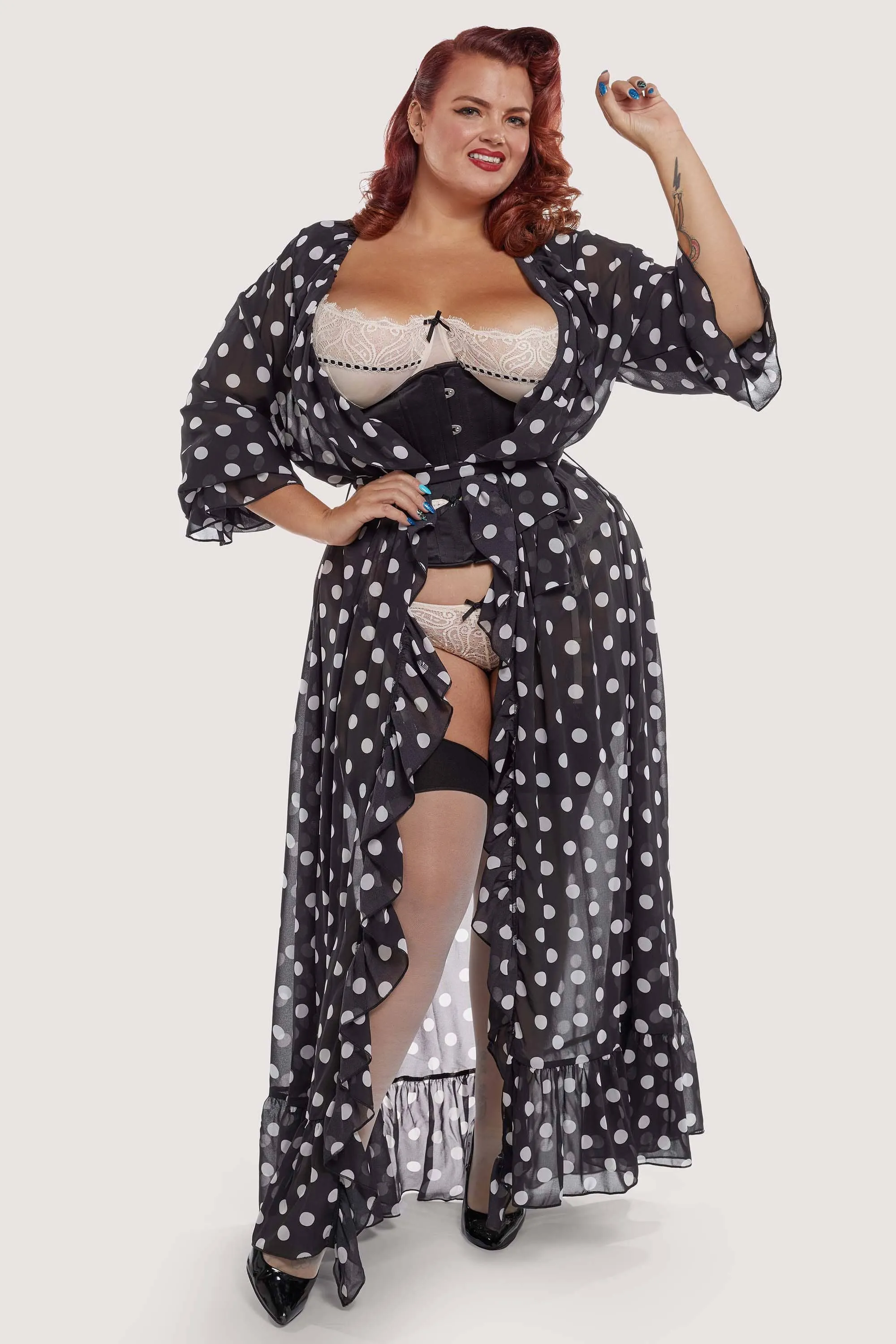 FFFB Chiffon Polka Dot Black Robe Curve