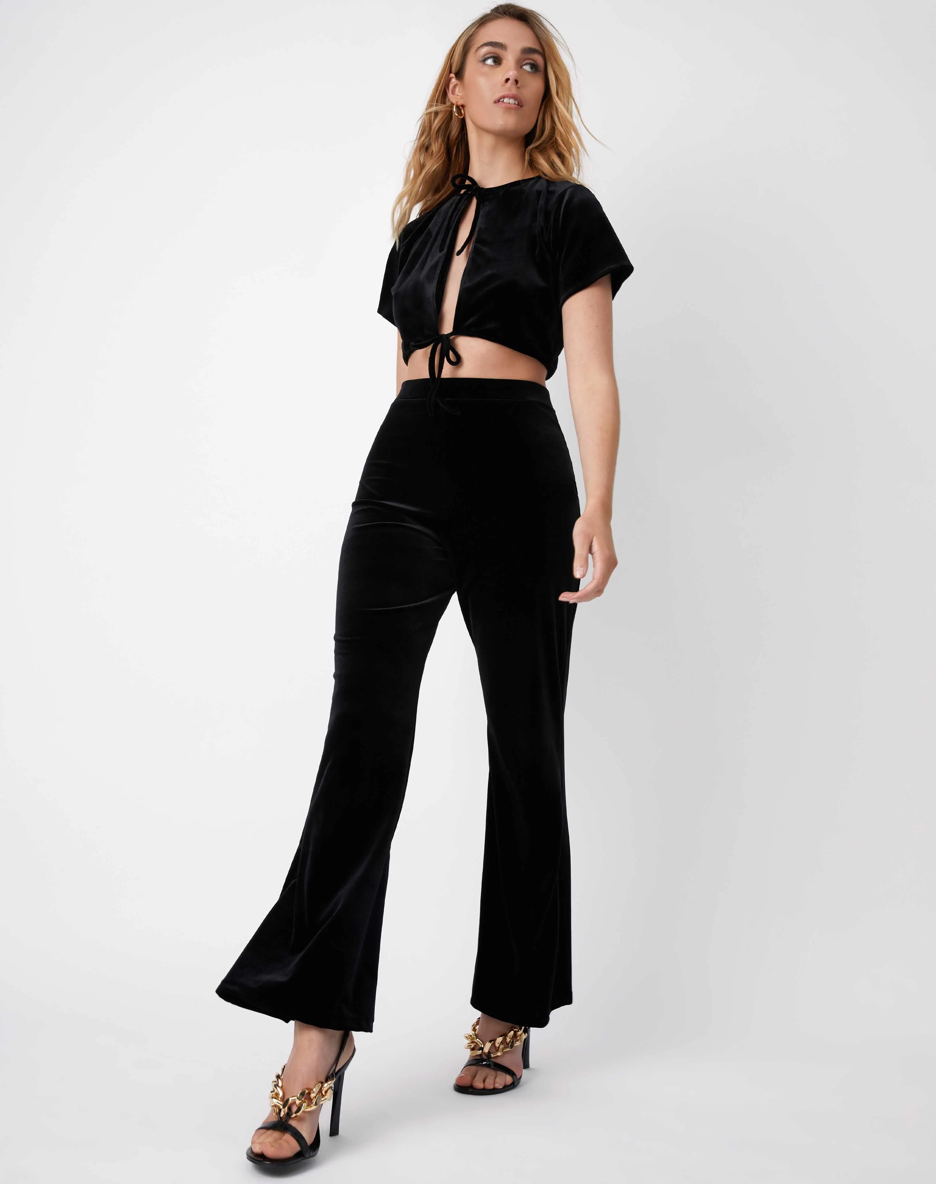 Flared Wide Leg Trousers in Black Velvet | Bridget