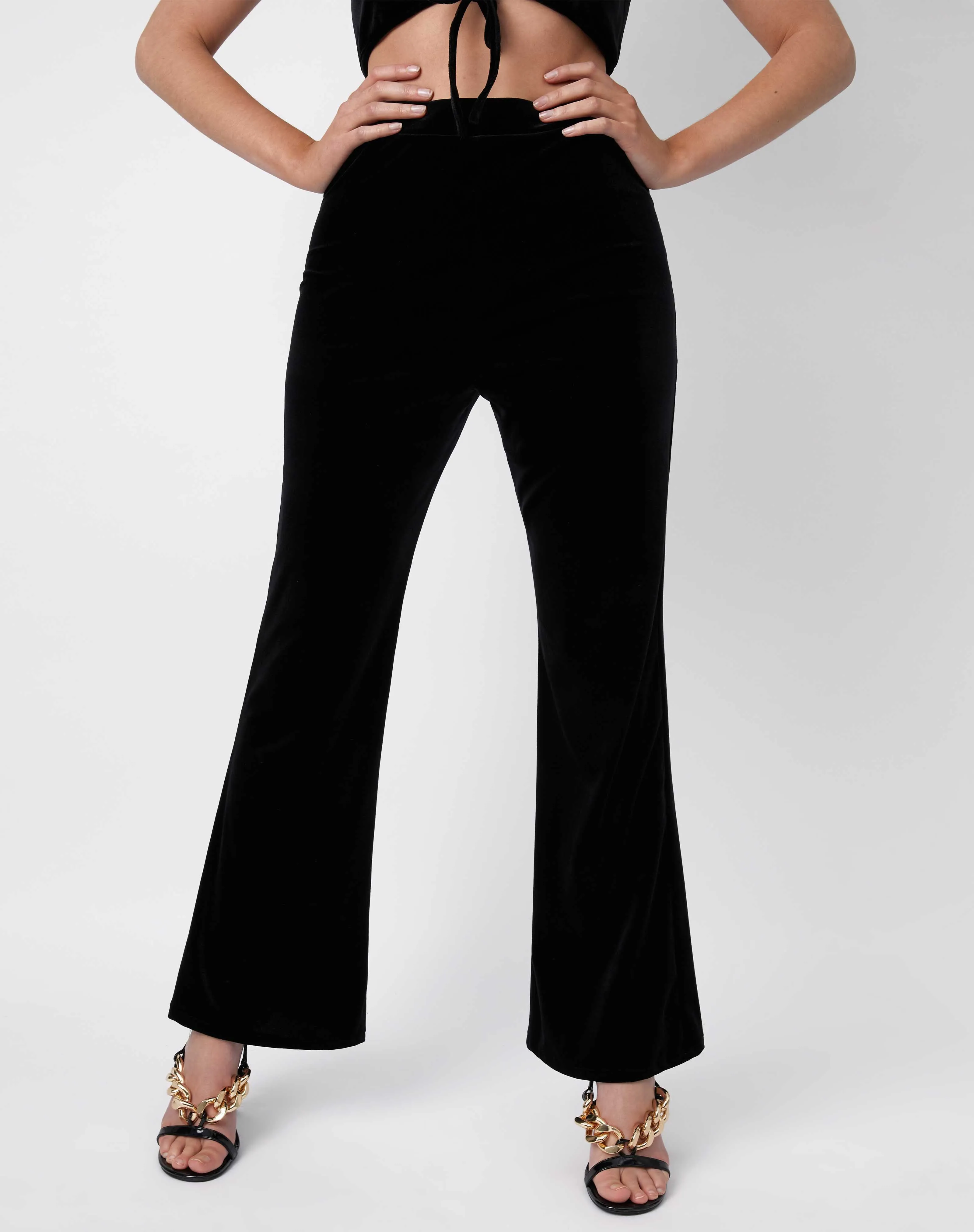 Flared Wide Leg Trousers in Black Velvet | Bridget