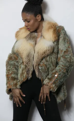 FUR Swakara Golden Greenish Jacket with Fox Collar