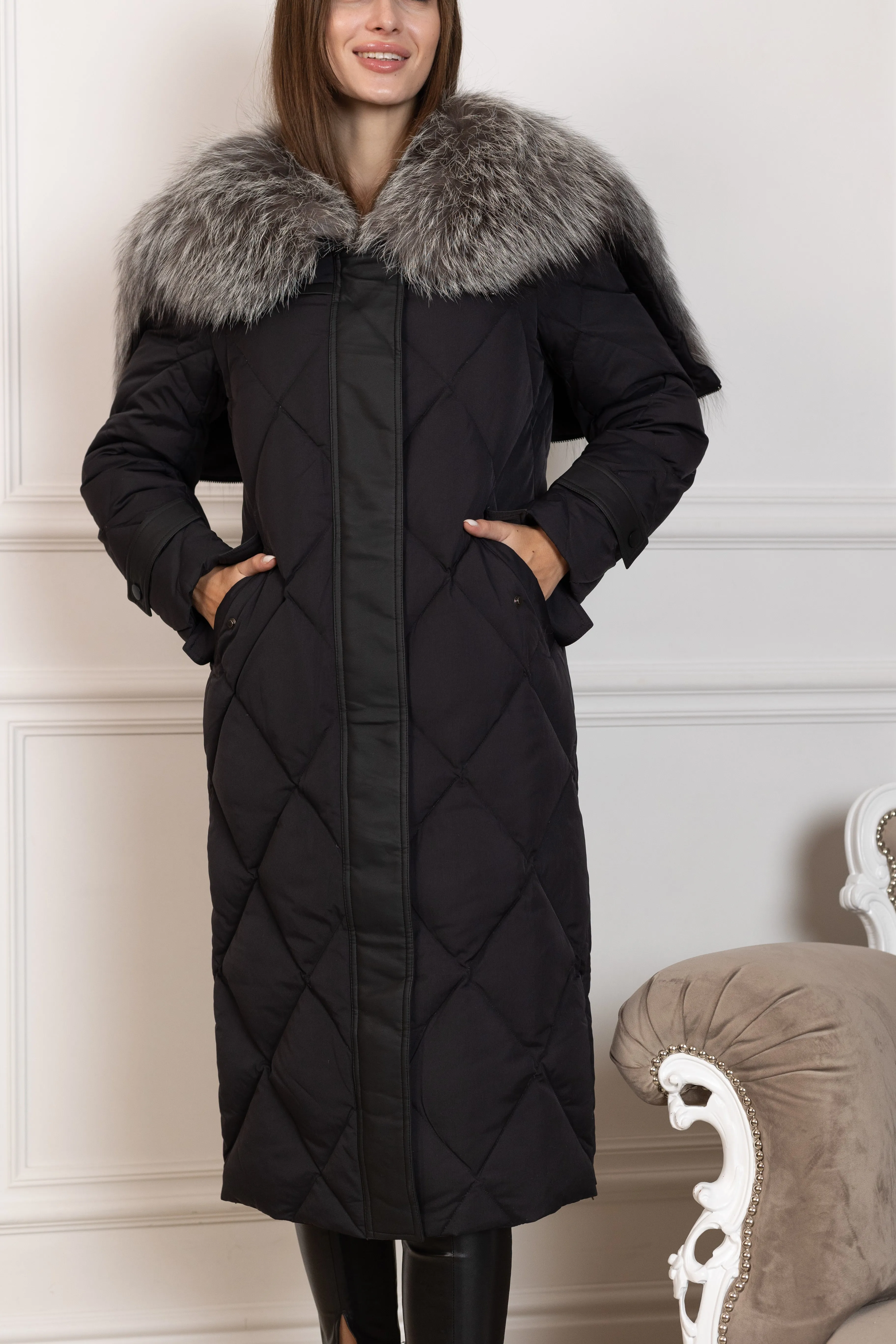 Genuine Silver Fox Fur Collar-Hood Down Winter Coat