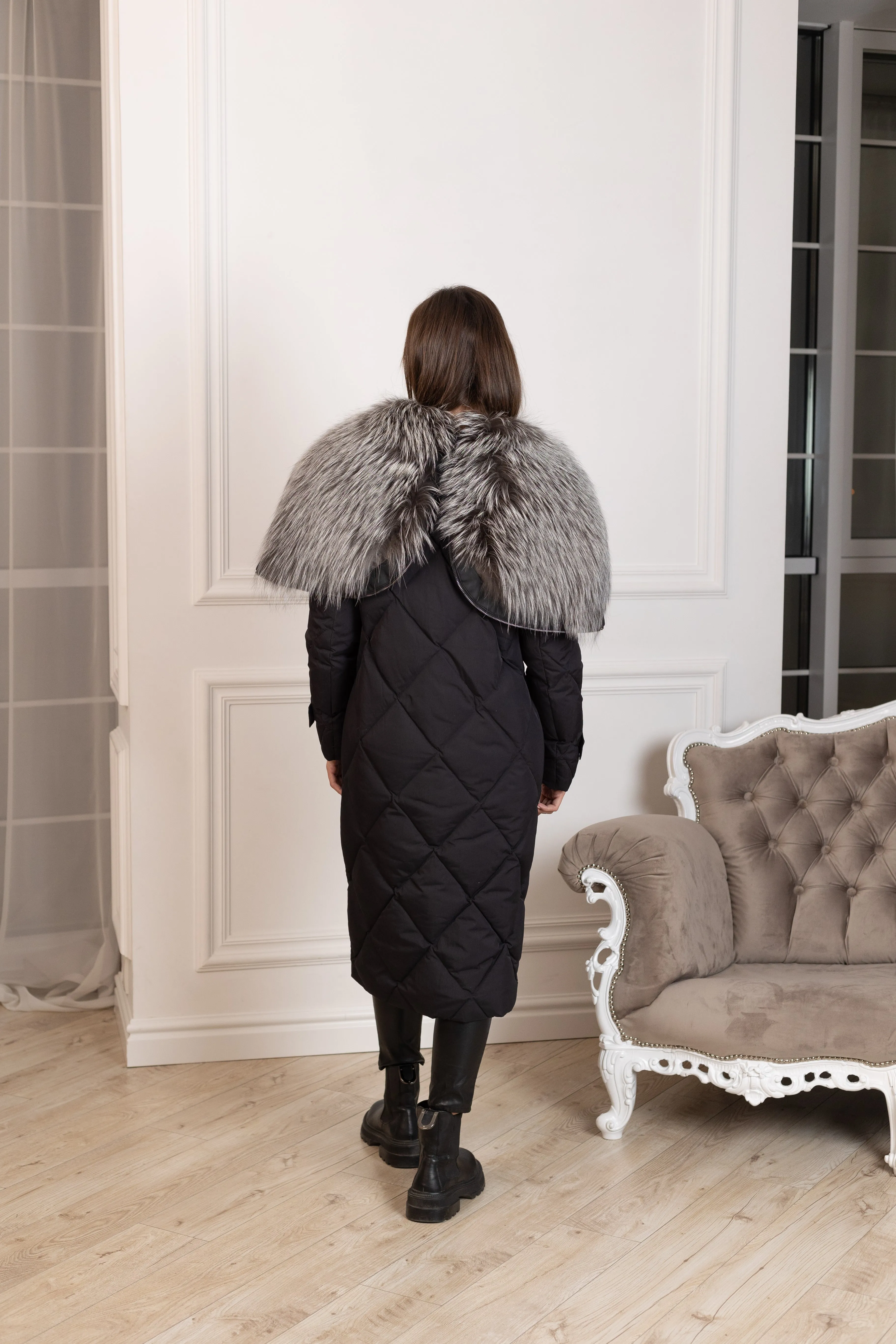 Genuine Silver Fox Fur Collar-Hood Down Winter Coat