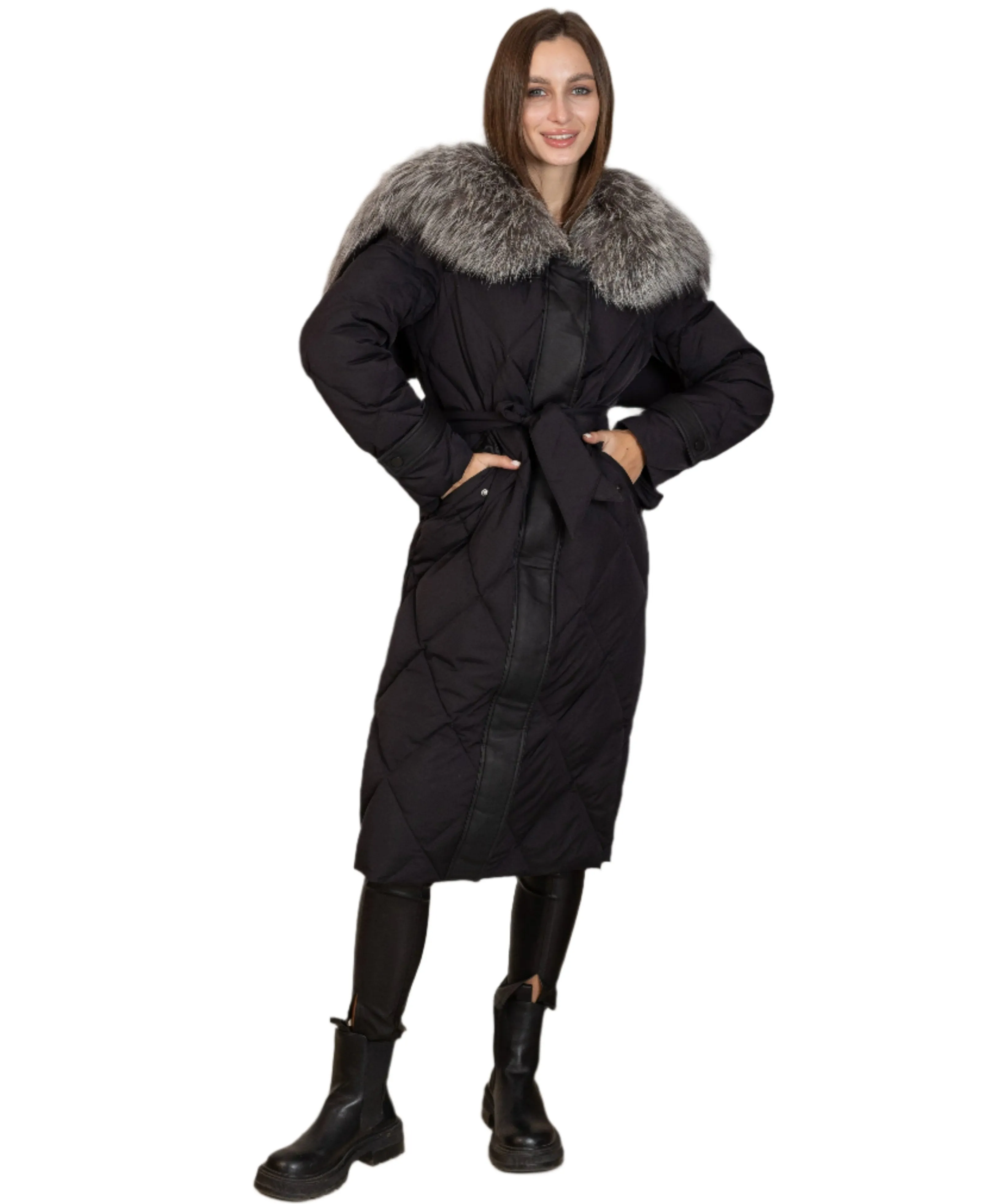 Genuine Silver Fox Fur Collar-Hood Down Winter Coat