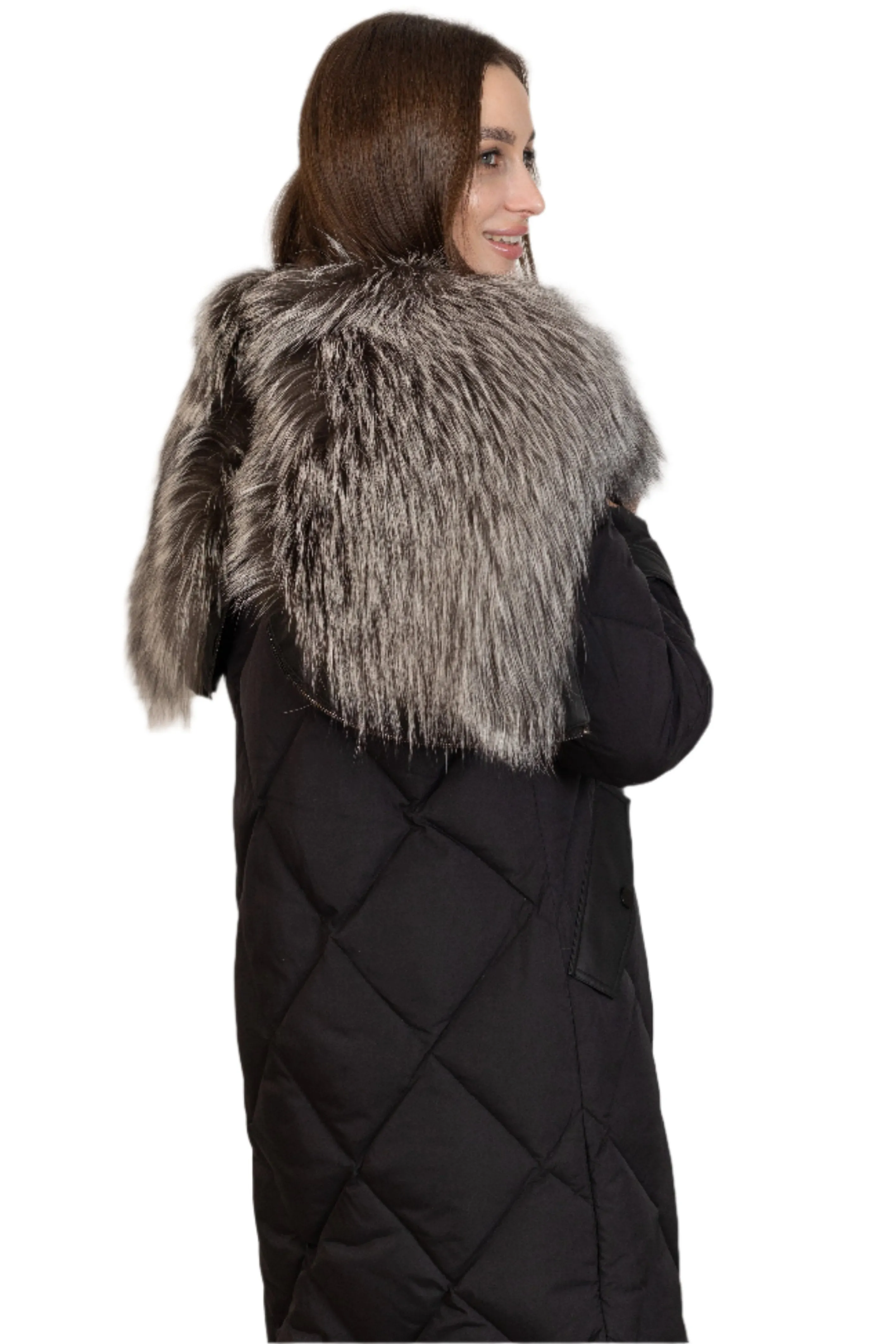 Genuine Silver Fox Fur Collar-Hood Down Winter Coat