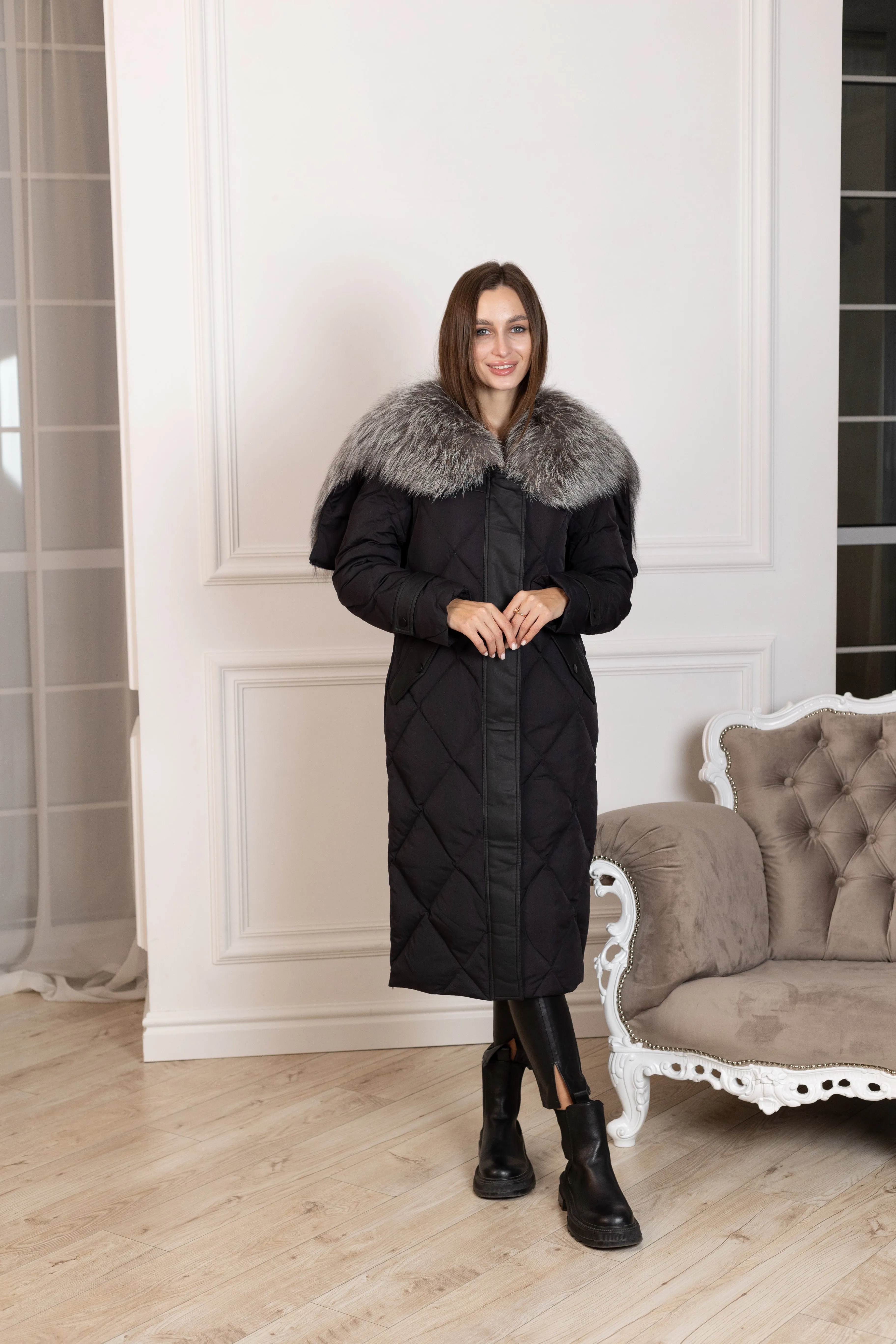 Genuine Silver Fox Fur Collar-Hood Down Winter Coat