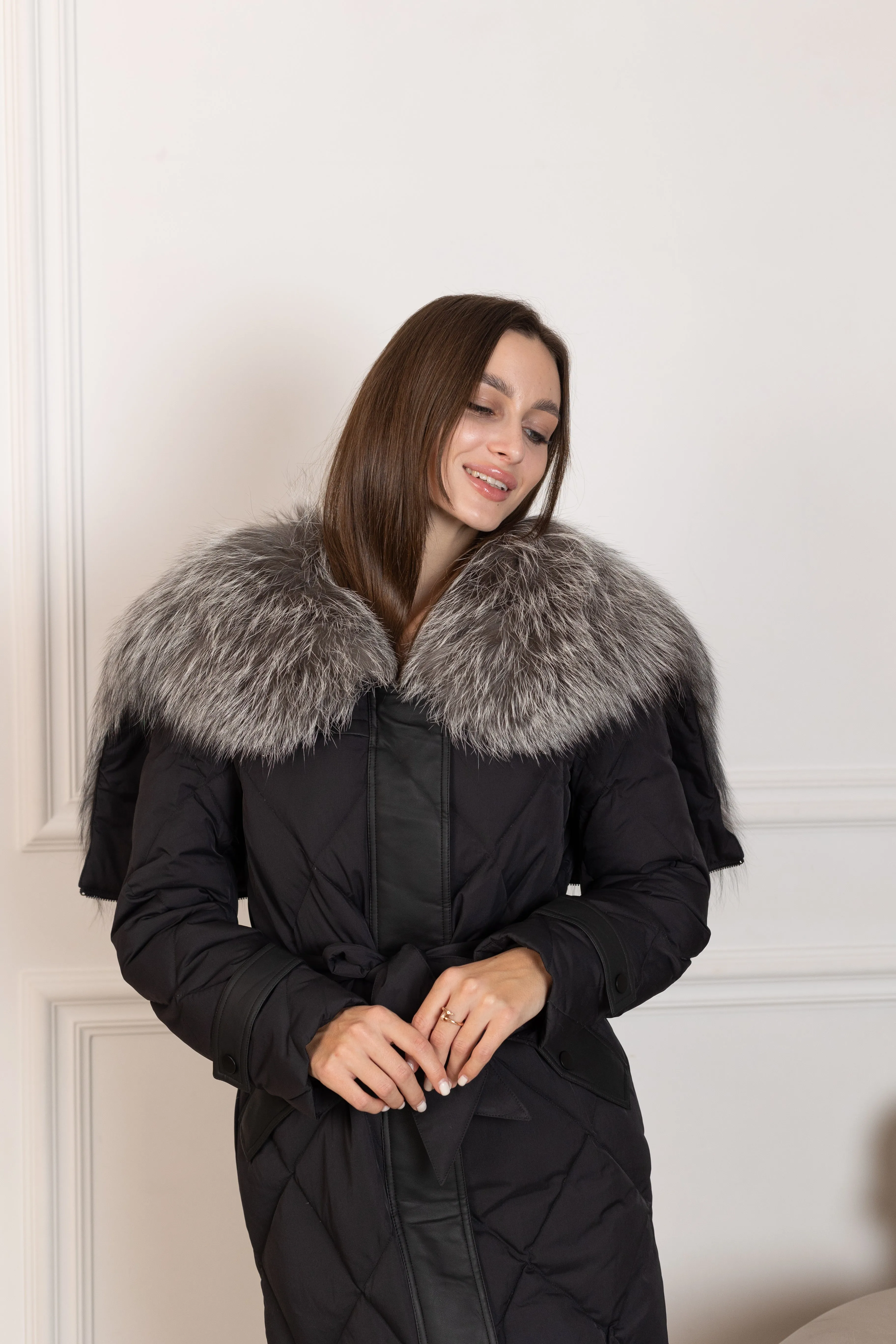 Genuine Silver Fox Fur Collar-Hood Down Winter Coat