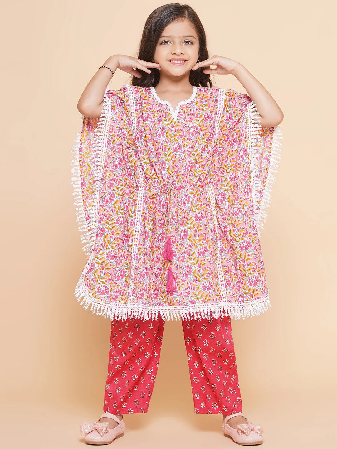 Girl's Peach  Printed V- Neck Kaftan Kurta With Palazzos - Bitiya By Bhama