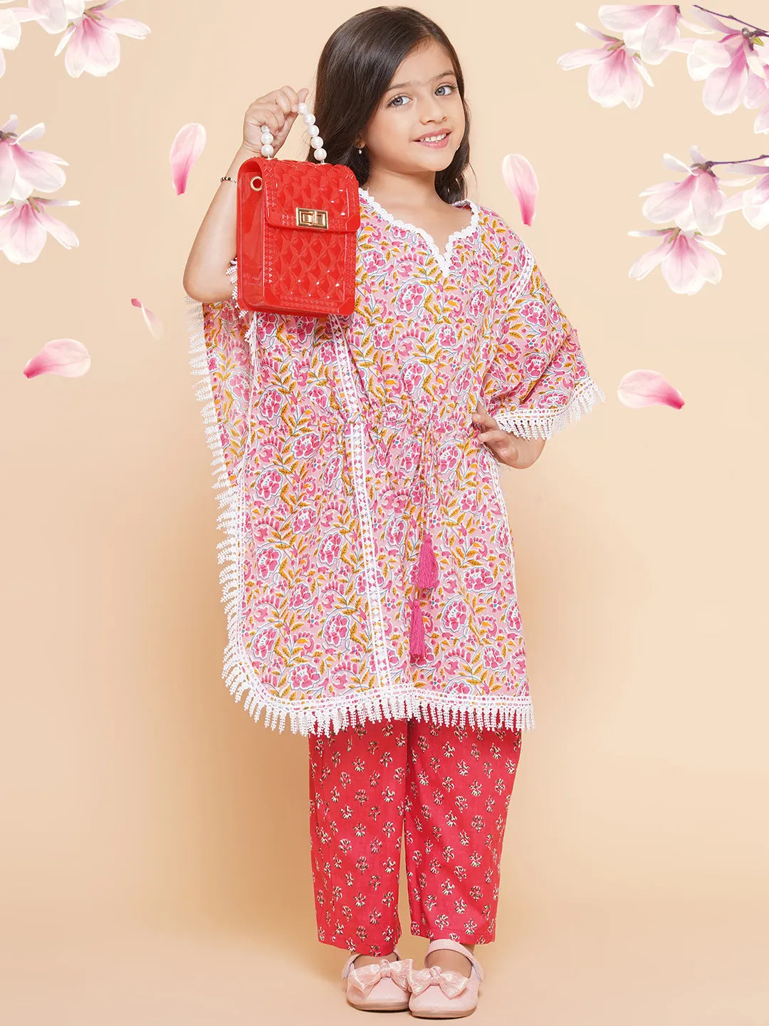 Girl's Peach  Printed V- Neck Kaftan Kurta With Palazzos - Bitiya By Bhama