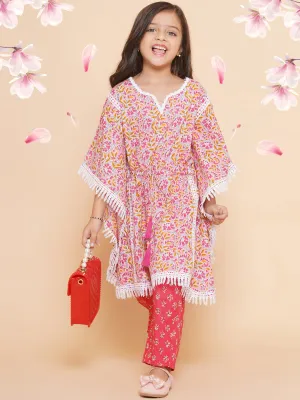 Girl's Peach  Printed V- Neck Kaftan Kurta With Palazzos - Bitiya By Bhama