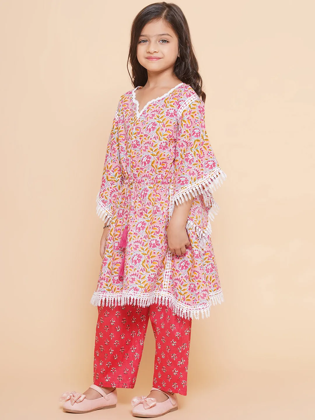 Girl's Peach  Printed V- Neck Kaftan Kurta With Palazzos - Bitiya By Bhama