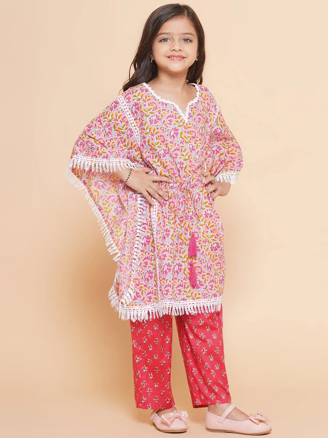 Girl's Peach  Printed V- Neck Kaftan Kurta With Palazzos - Bitiya By Bhama