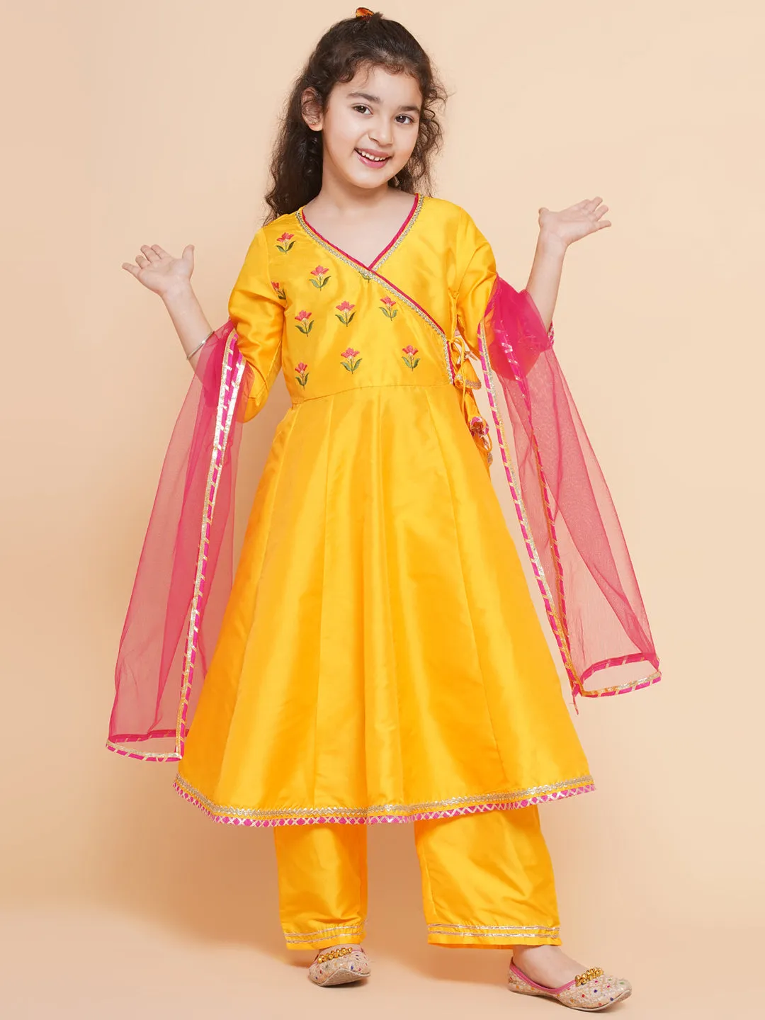 Girls Yellow Embroidered Angrakha Kurta With Trousers & Dupatta