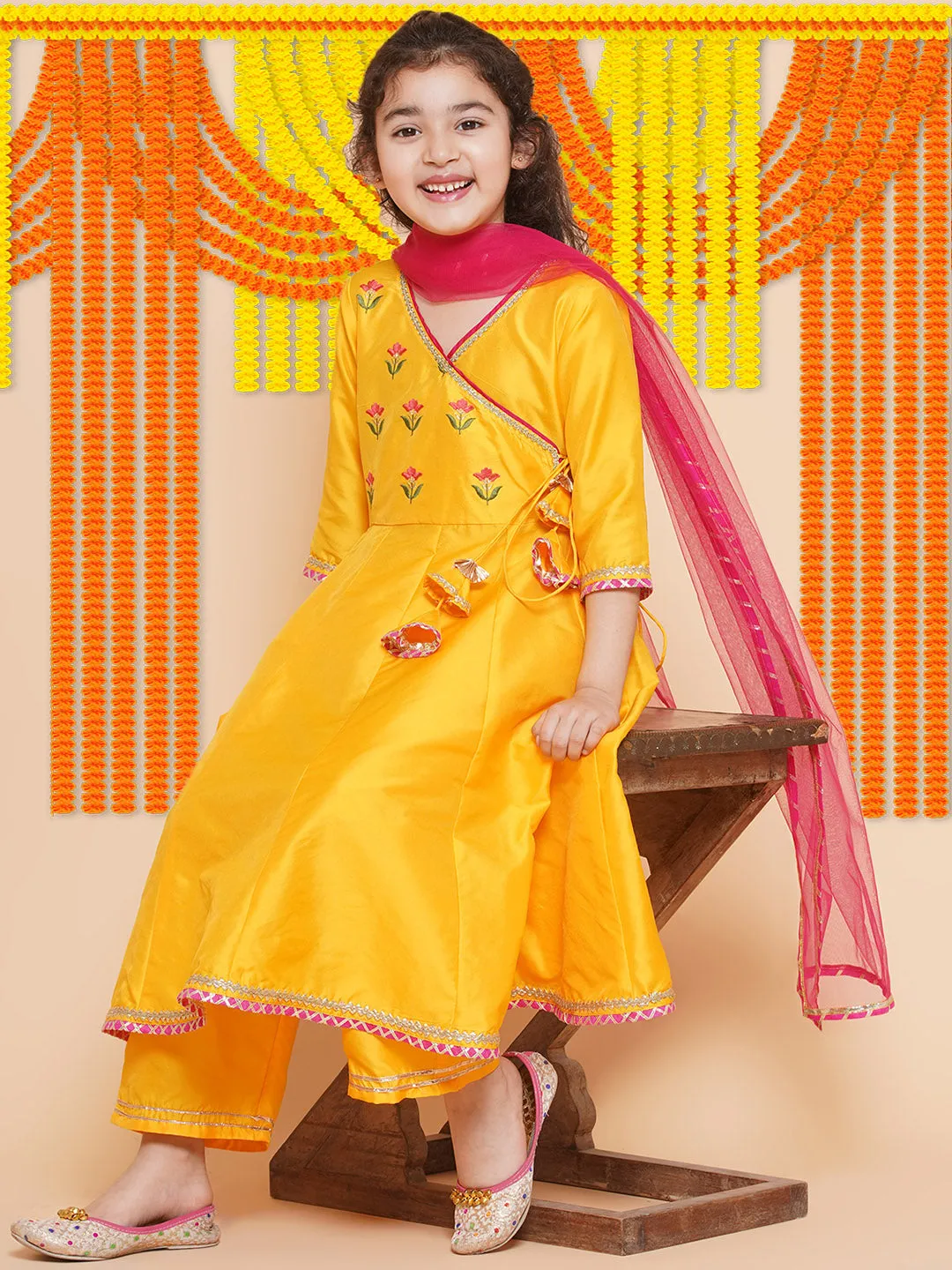 Girls Yellow Embroidered Angrakha Kurta With Trousers & Dupatta