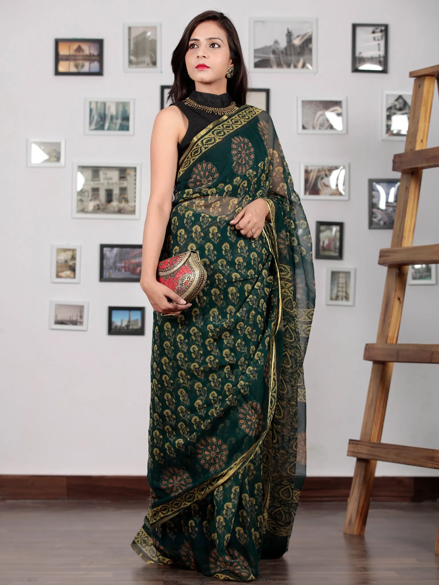 Green Coral Yellow Hand Block Printed Chiffon Saree with Zari Border - S031702767