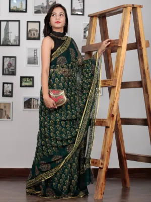 Green Coral Yellow Hand Block Printed Chiffon Saree with Zari Border - S031702767